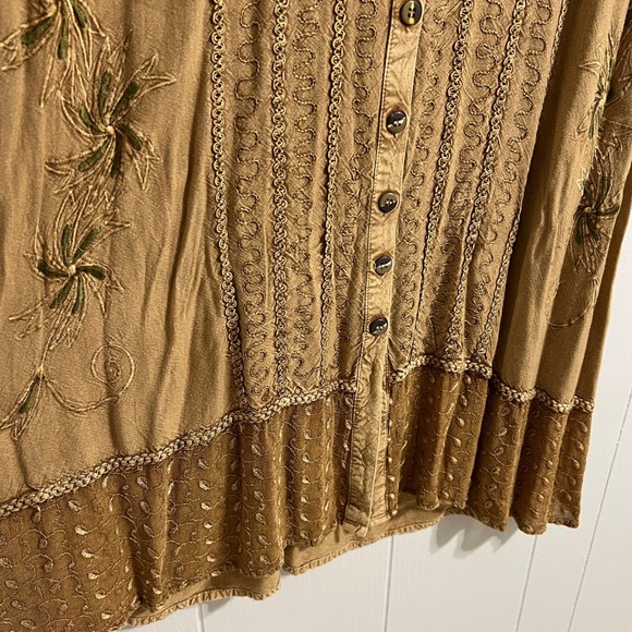 Flower Button Front Embroidered Maxi Dress Tan Brown Size M Boho Fairycore - Picture 4 of 8